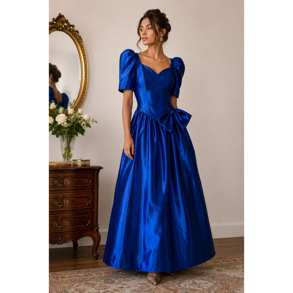 Alfred Angelo Vintage 80s Royal Blue Satin Formal Gown with drop waist & bow, 0